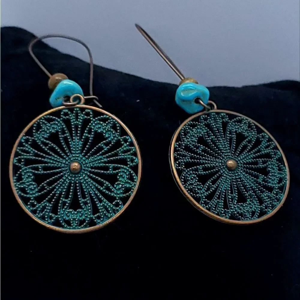 Copper Patina Filigree Earrings Boho Western Dangle Jewelry Earthy Desert Muse